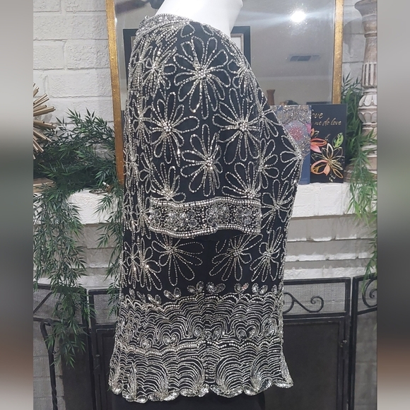 Vintage Laurence Kazar Black Sequin Silk Beaded Blouse Women's Sz L Evening Top - Picture 6 of 12